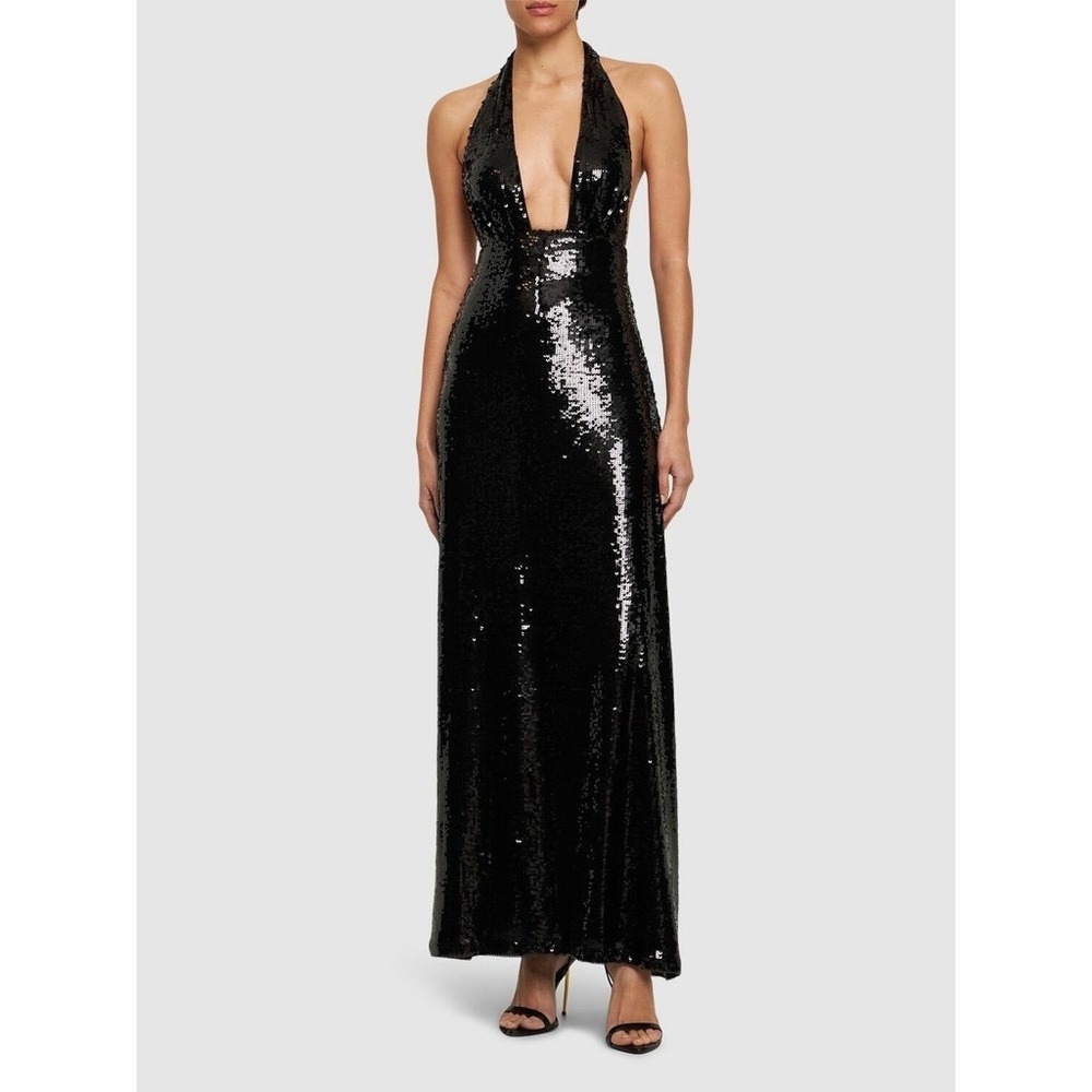 NWT!! WEWOREWHAT Black Sequin Halter Dress Full Length Maxi Glam‎ Party Size 2